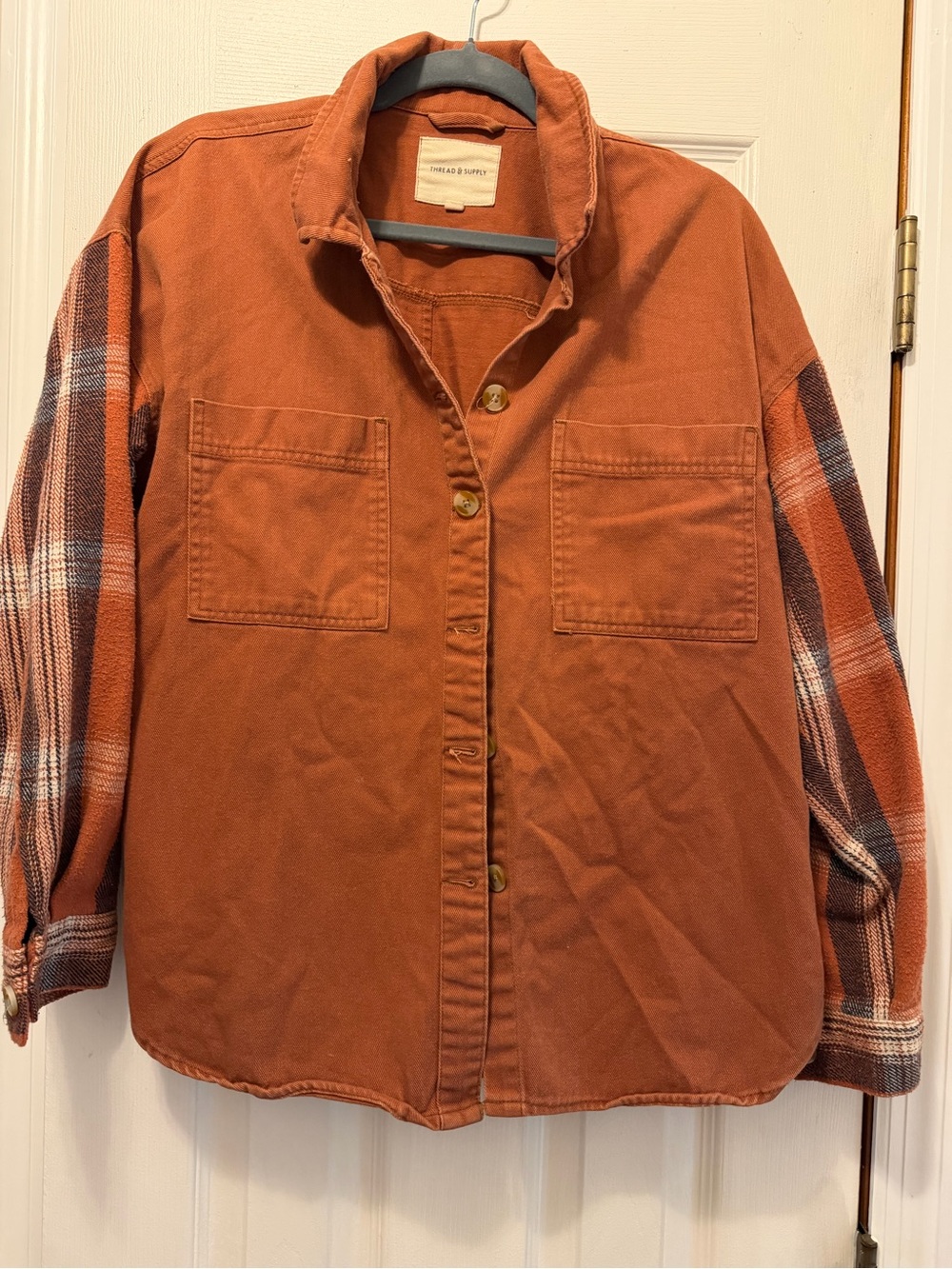 Thread & Supply Rust Utility Jacket with Plaid Sleeves